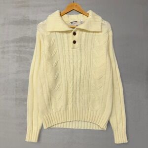 Vintage Sears Henley Sweater Cream Cable Knit Button Collar Vintage Men's Large